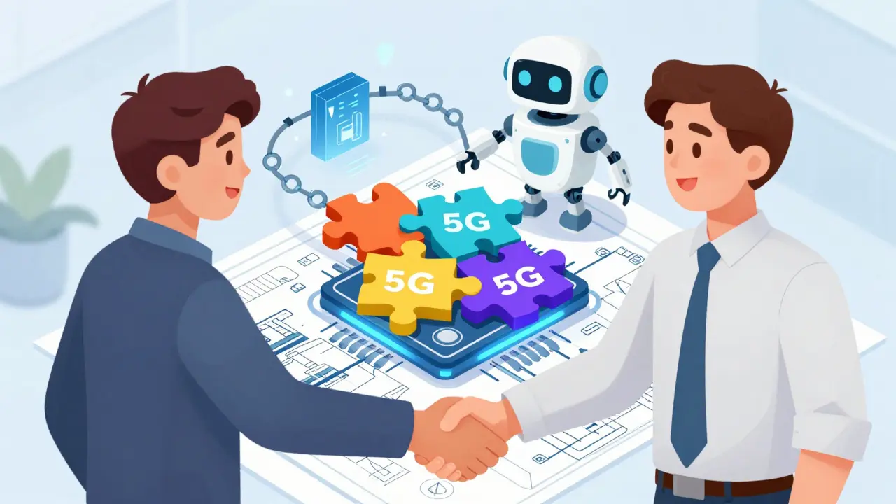 Two engineers shaking hands while assembling a glowing high-tech chip puzzle.