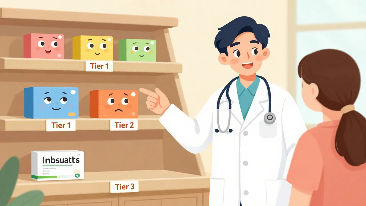 Cartoon showing insurance drug tiers with competitive generics on lower shelf