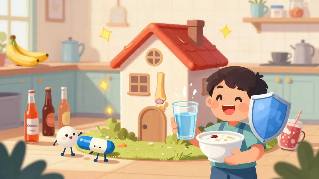 Character protected by water and yogurt pills guarding a fireproof joint house