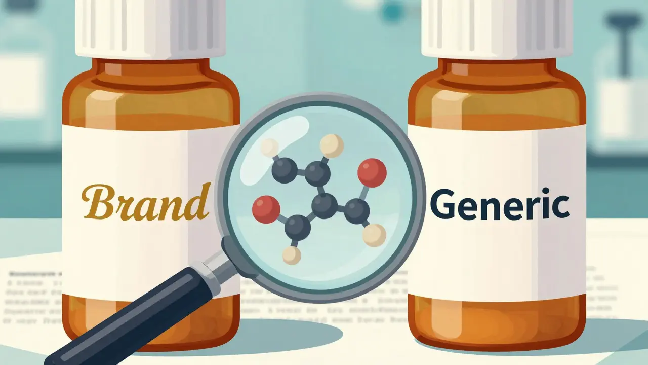 Comparison of brand and generic pills under magnifying glass