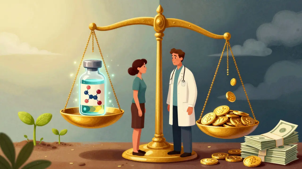 Doctor and patient weighing a glowing medicine vial against heavy gold coins on a scale