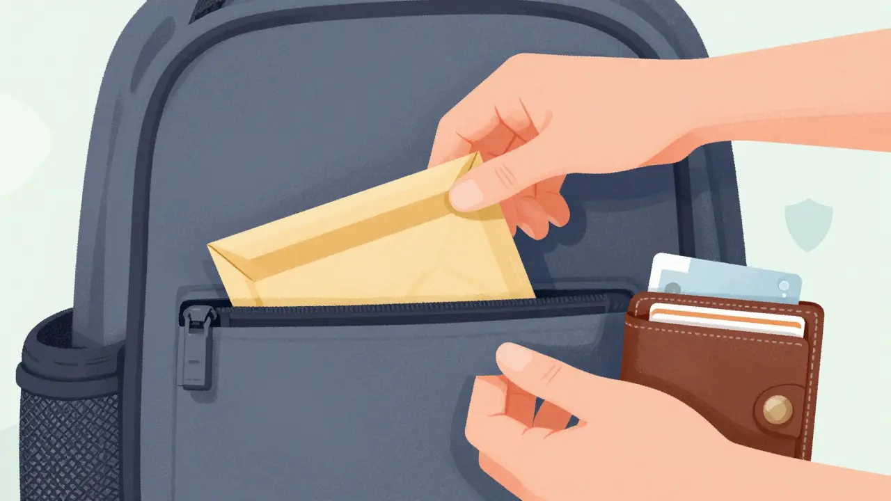Hands placing a sealed prescription envelope in a secure backpack pocket away from wallet.