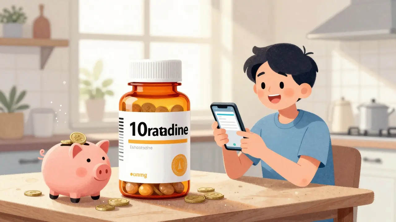 Happy person with generic pill bottle and overflowing piggy bank on sunny table.