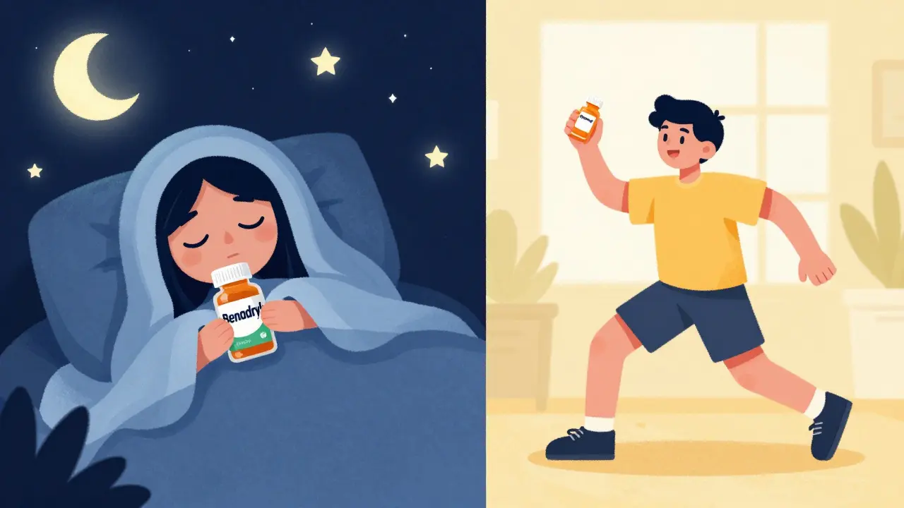 Illustration comparing sleepy night relief vs active daytime allergy meds.