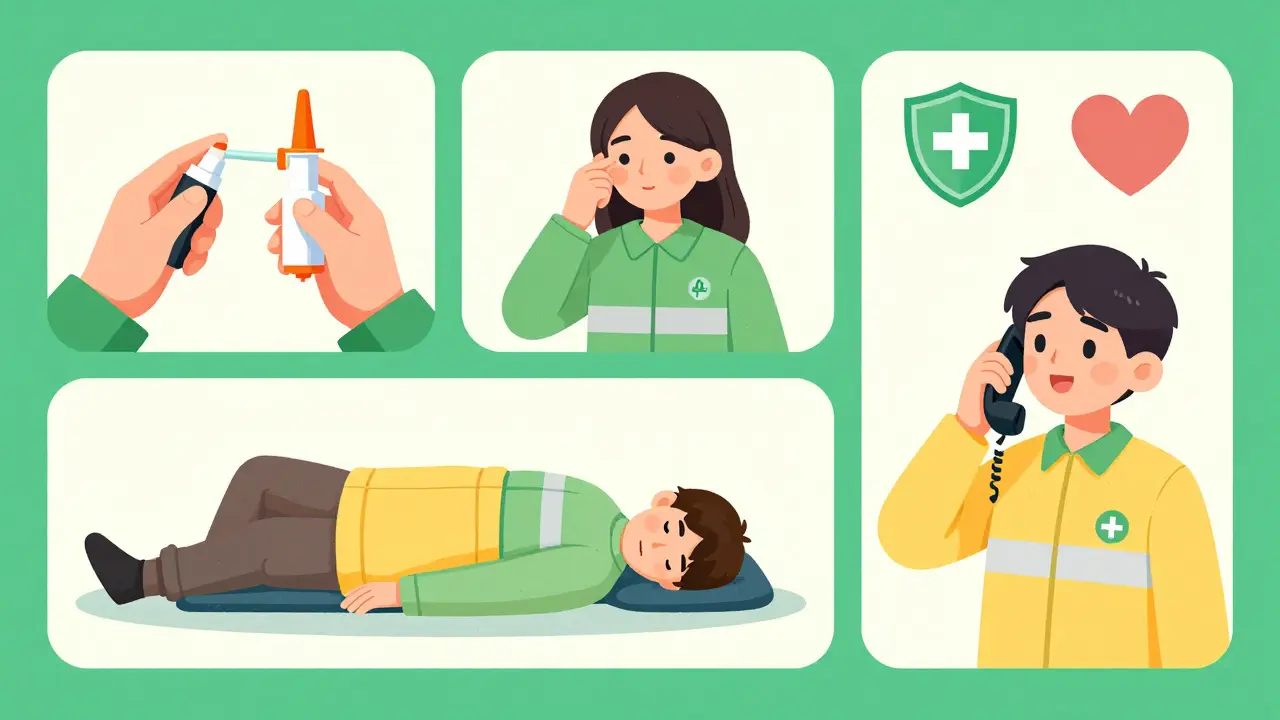 Illustration of administering nasal spray and placing patient in recovery position.