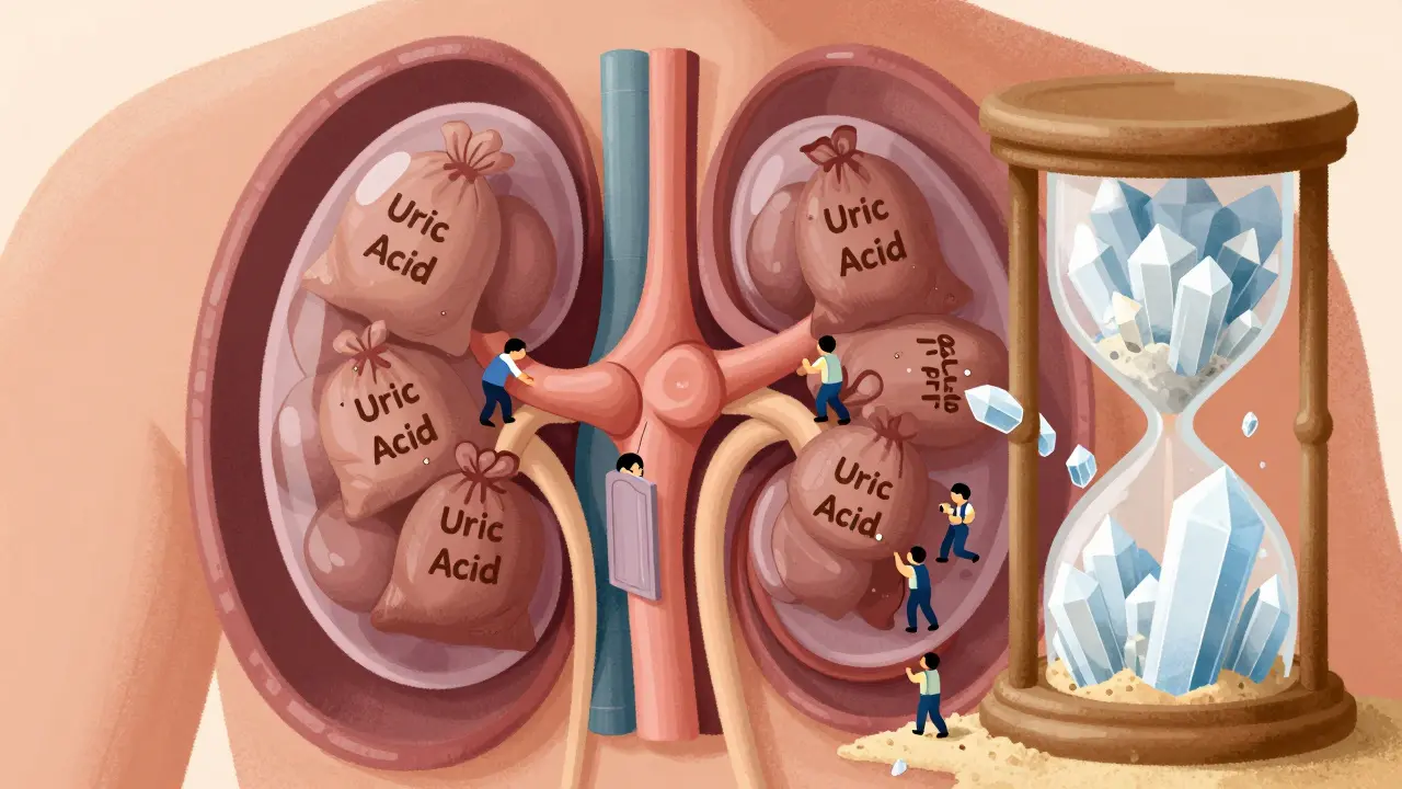 Illustration of kidney filtering uric acid with crystals forming in joints