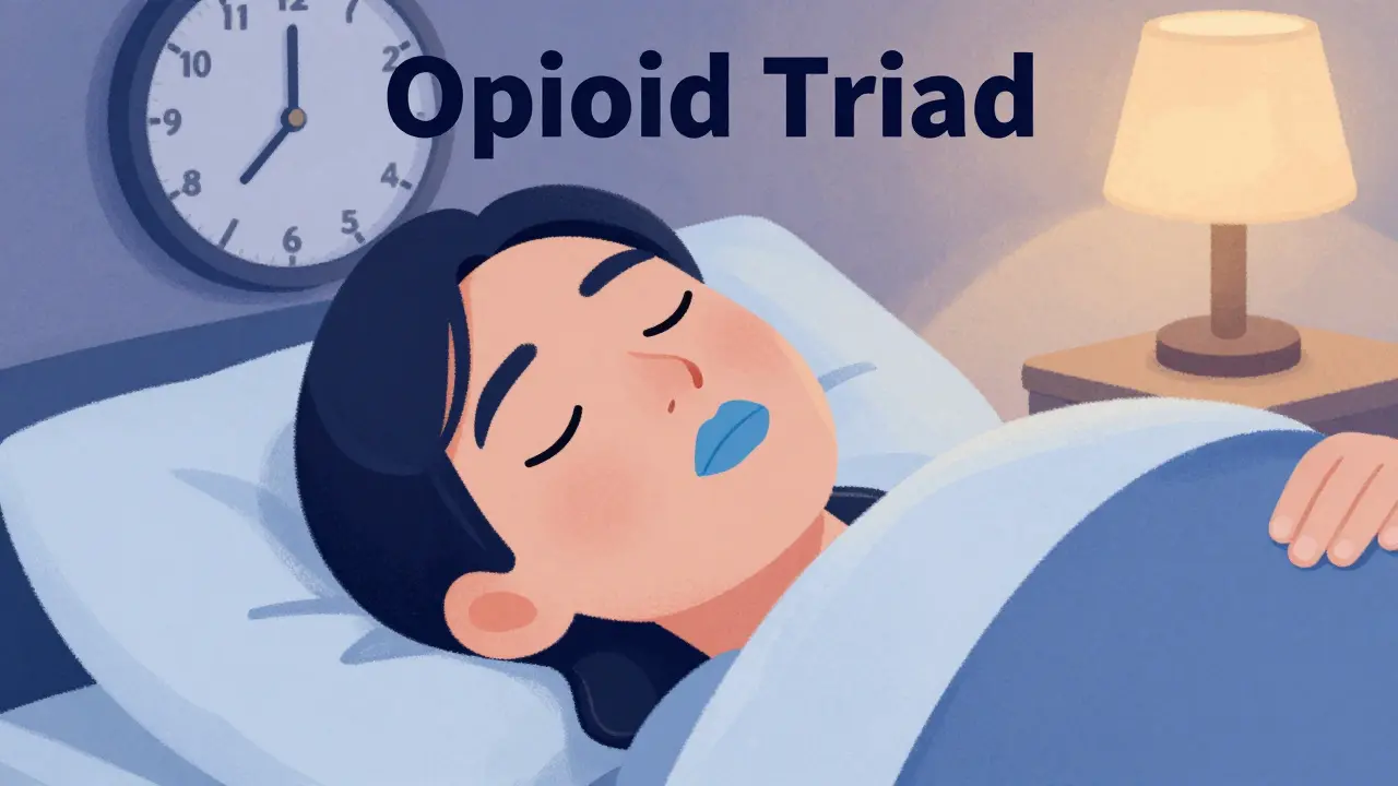 Illustration showing unconscious person with pinpoint pupils and blue lips.