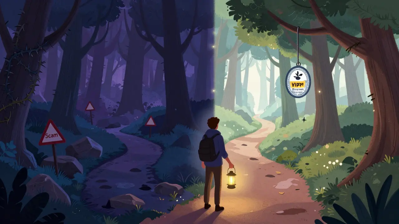 Magical path choice between dangerous scams and safe, verified pharmacy routes.