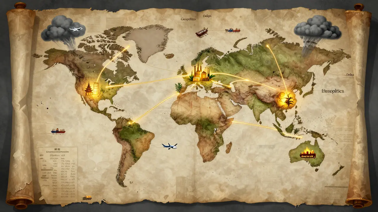 Map showing fragile global supply chains with tangled threads