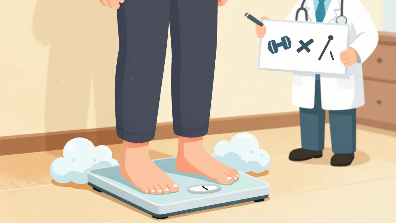 Patient with swollen ankles on a sinking scale, doctor advising