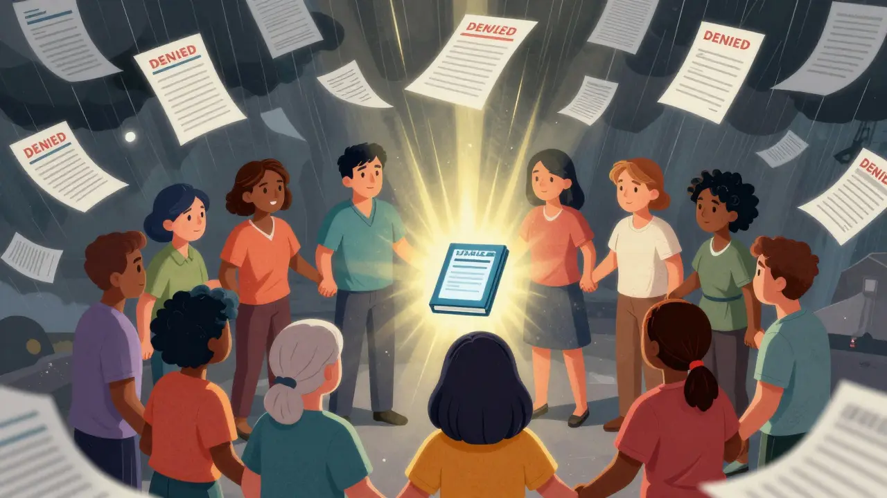 Patients holding hands in a circle, protected from swirling insurance paperwork