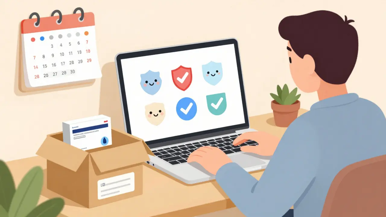 Person ordering meds online safely, with delivery box and trust symbols nearby.