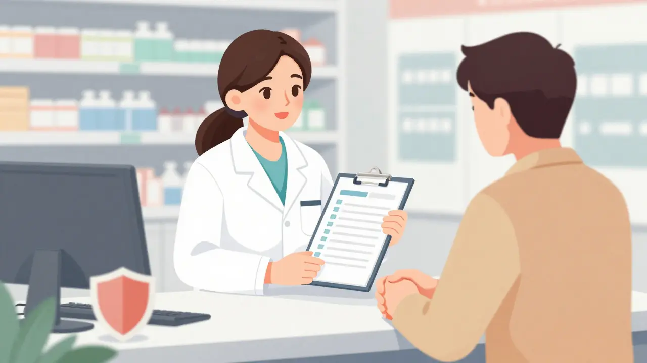 Pharmacist counseling patient with consent form