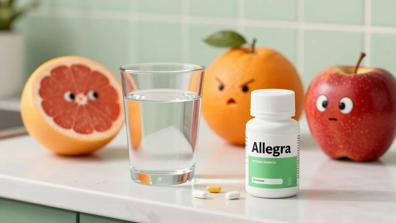 Pill bottle next to water with warning signs about fruit juice interactions.