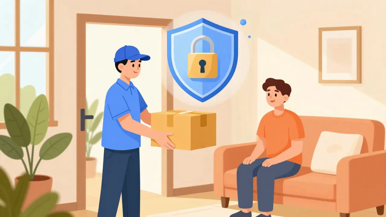 Safe online medication delivery arriving at a cozy home