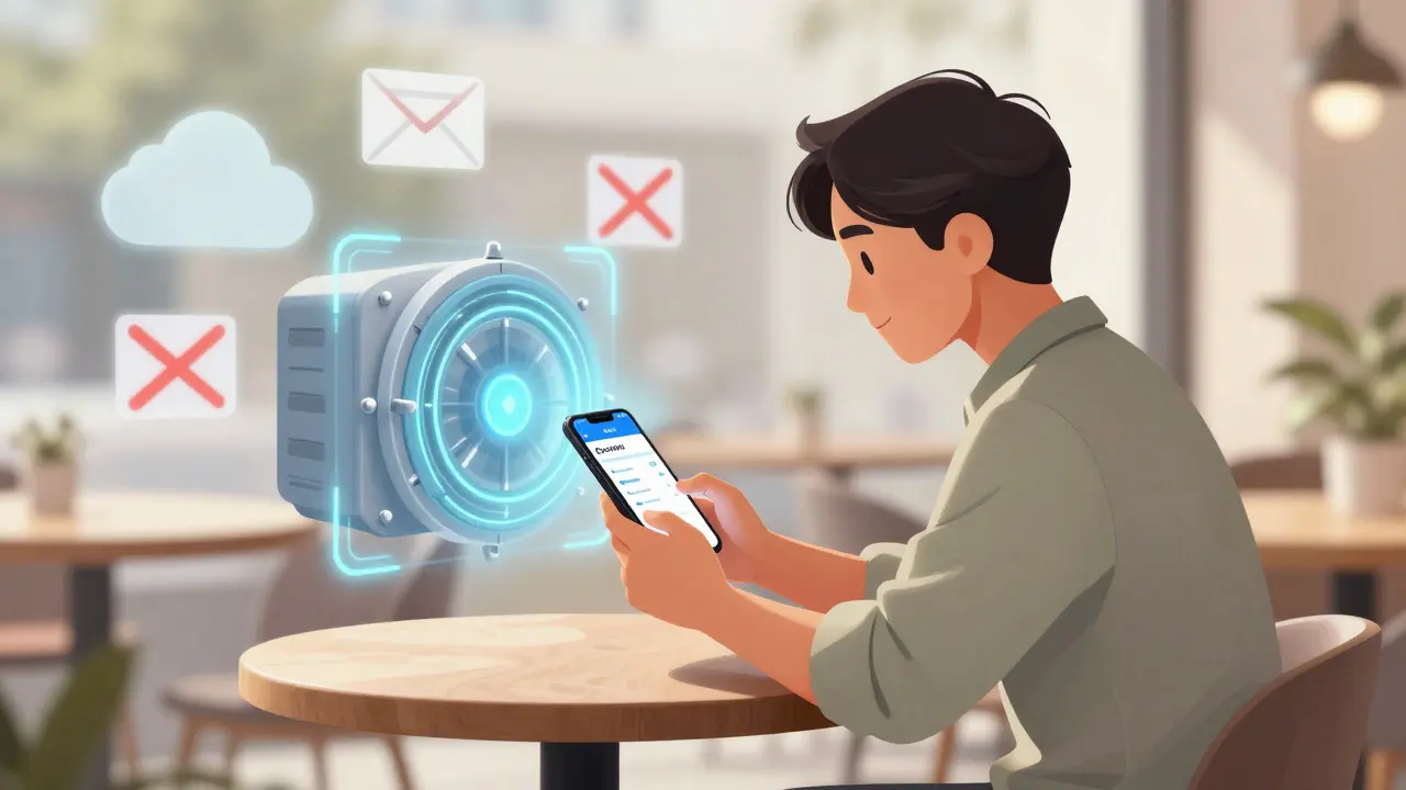 Traveler using a smartphone to access a secure, encrypted pharmacy app interface calmly.