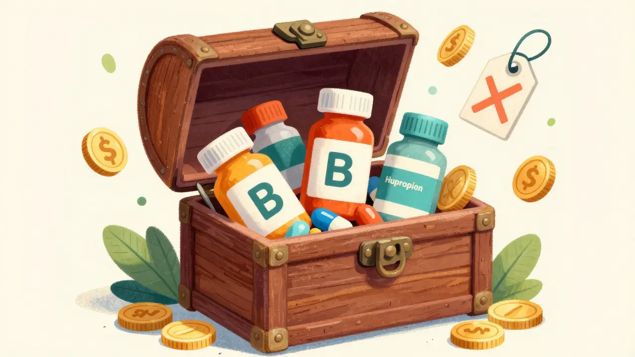 Treasure chest filled with affordable generic medication bottles and savings icons.