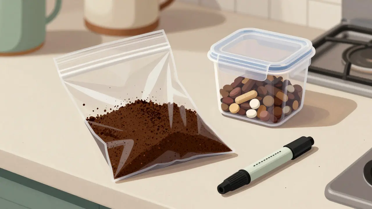 Coffee grounds mixed with pills in a bag for safe home disposal