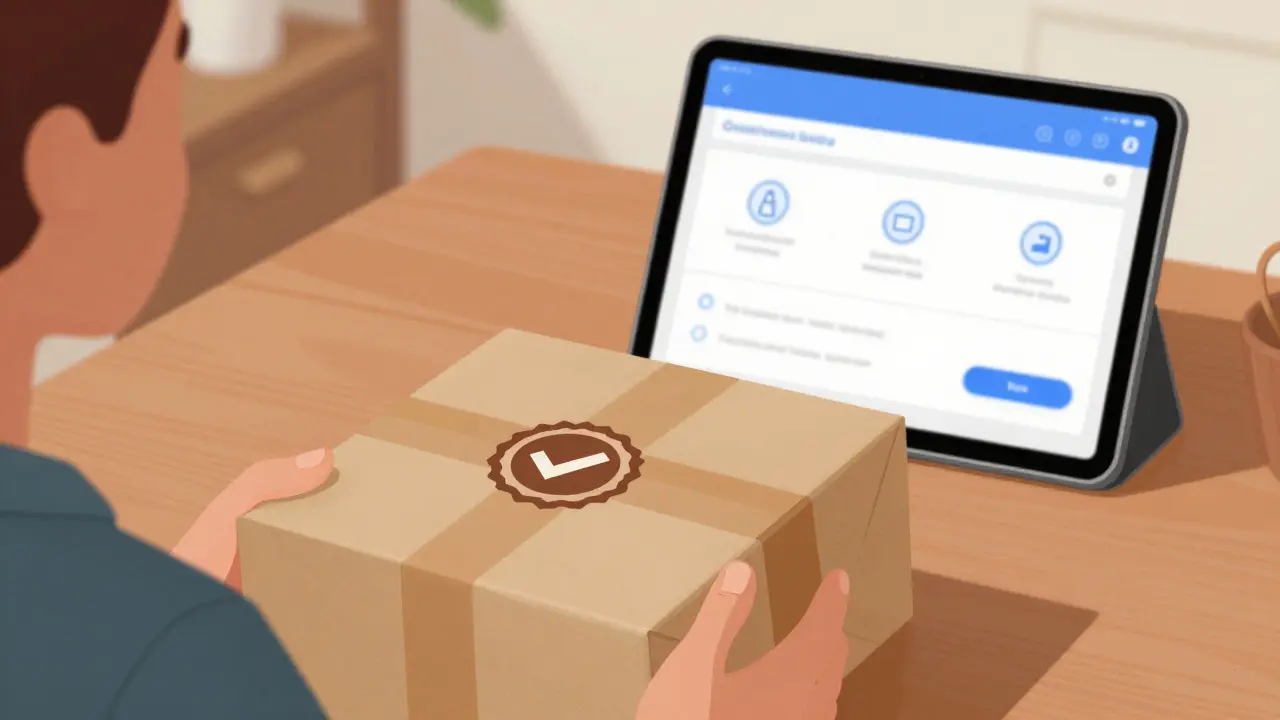 Cozy illustration of receiving a safe, verified medication package at home.