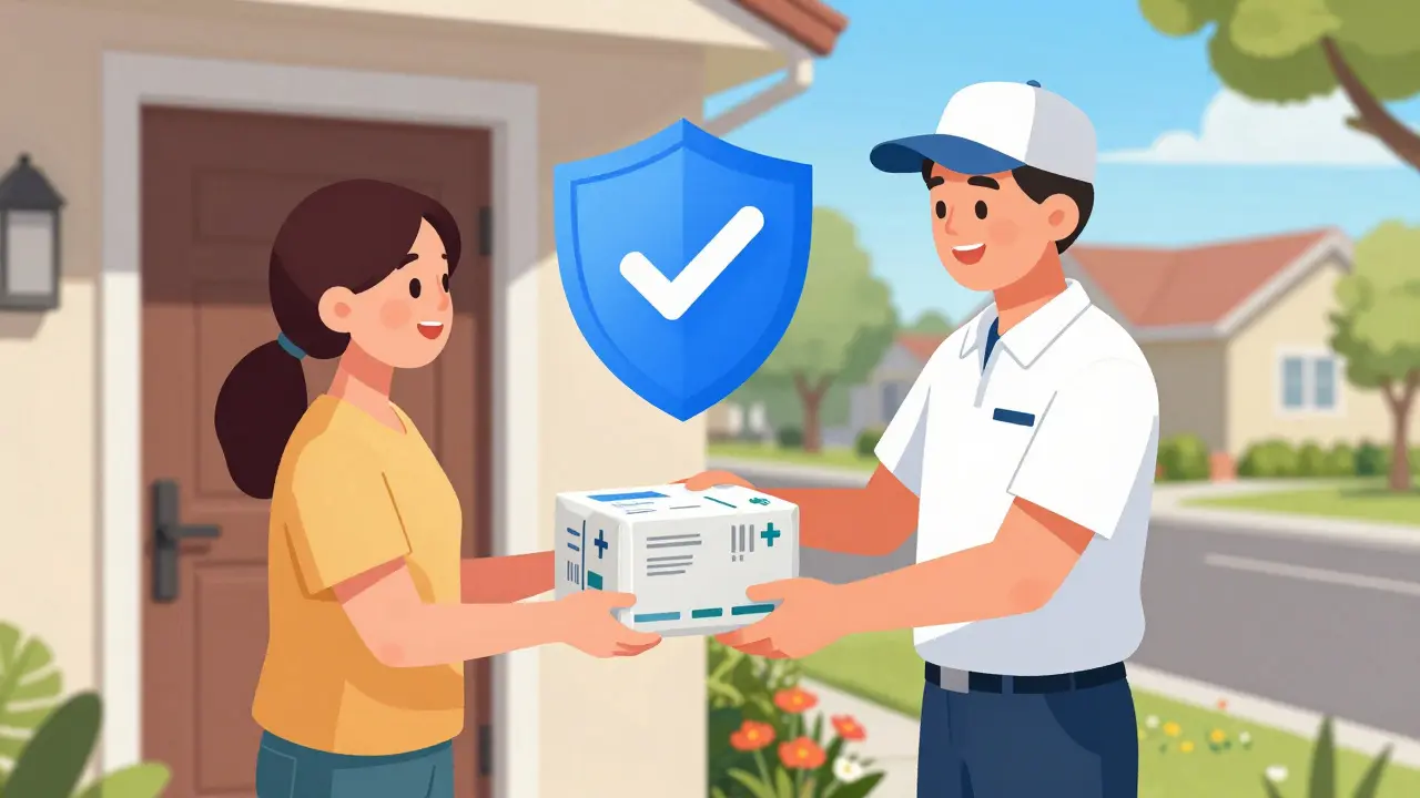 Delivery person handing verified medication package to patient