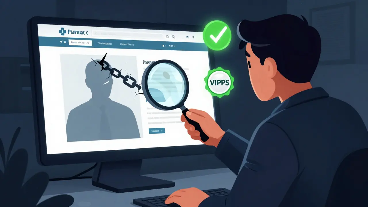Detective checking for online pharmacy safety seals and avoiding red flags.
