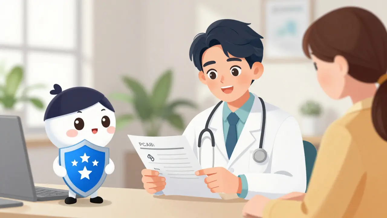 Doctor and patient discussing prescription needs with a safety symbol nearby.