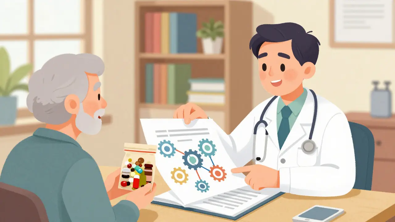 Doctor discussing herbal supplement interactions with an elderly patient in a warm office