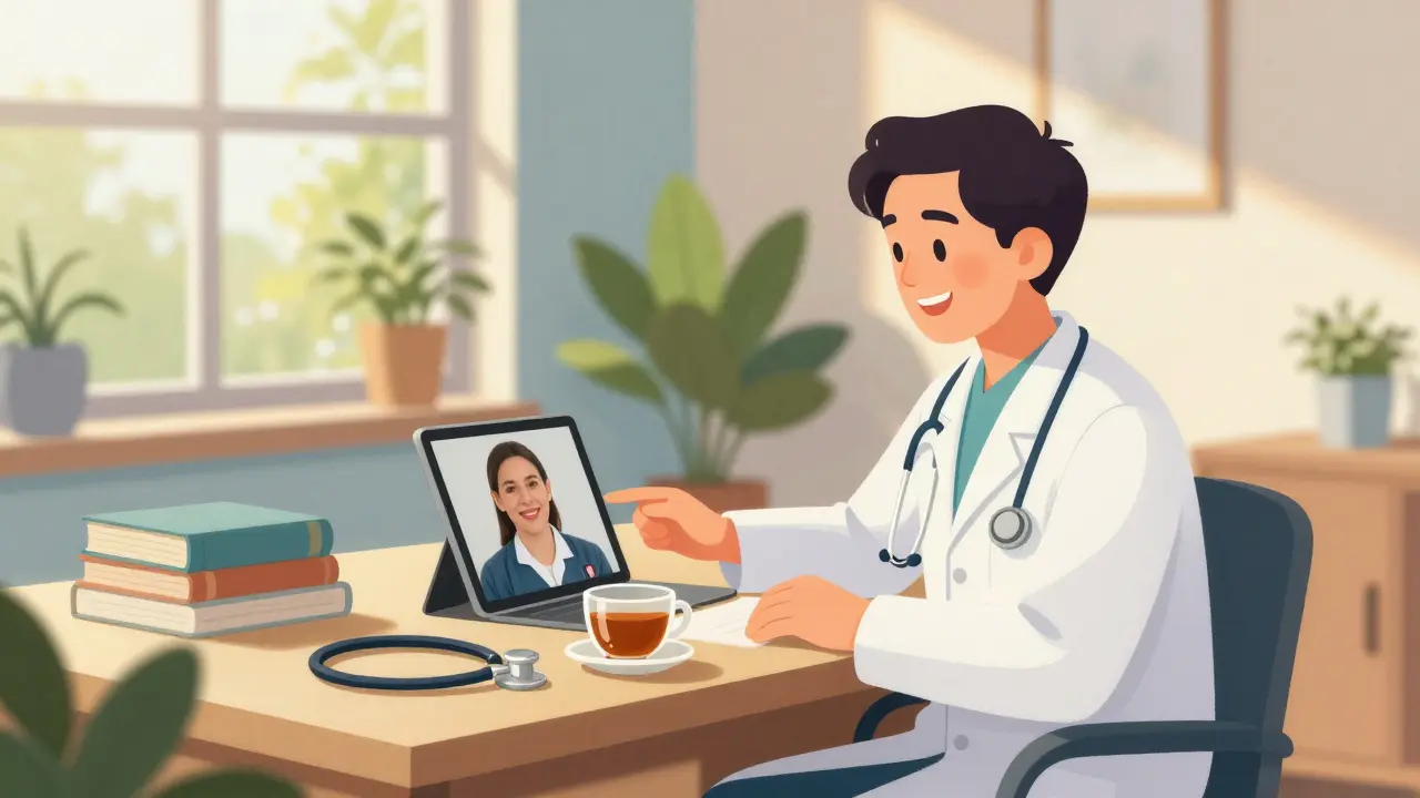 Friendly psychiatrist having a reassuring video consultation