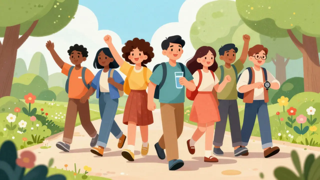 Happy cartoon people walking on a sunny path with water