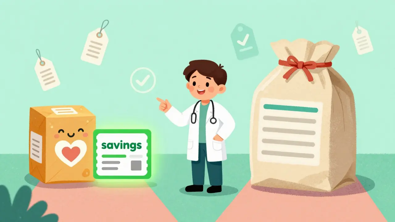 Illustration comparing cheap generic meds with coupons vs expensive options