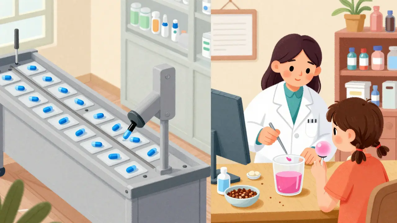 Illustration comparing mass-produced pills to customized, flavored liquid medicine.