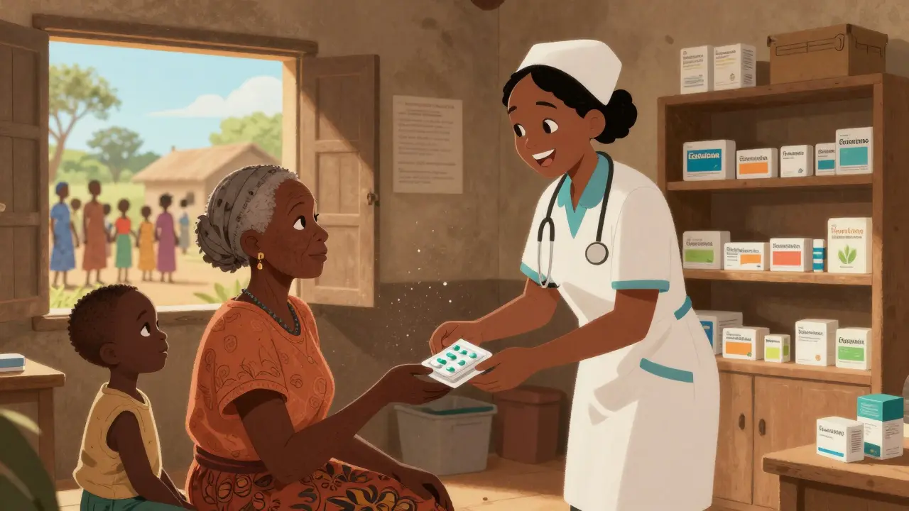 Illustration of a nurse giving HIV medication to a patient in a rural clinic.