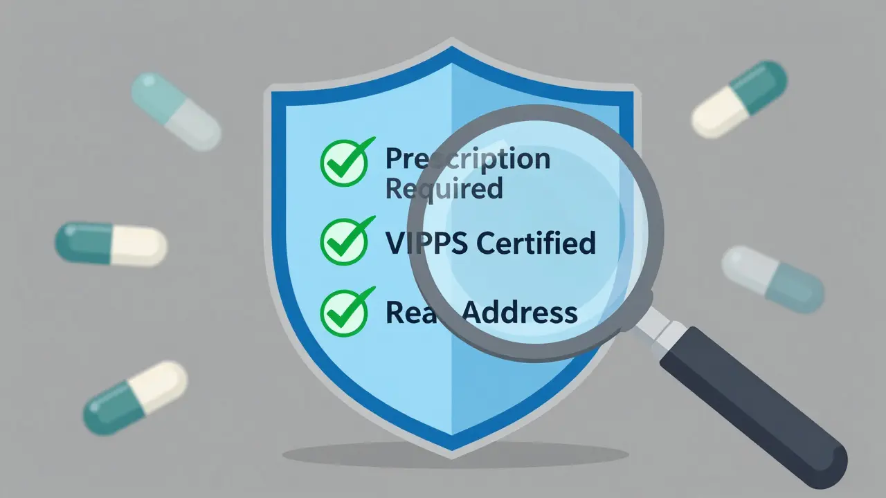 Shield icon illustrating safety checks for legitimate online pharmacies against counterfeits.