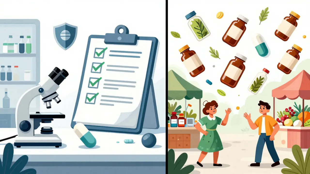 Visual metaphor comparing strict drug regulation to loose supplement oversight in a storybook style