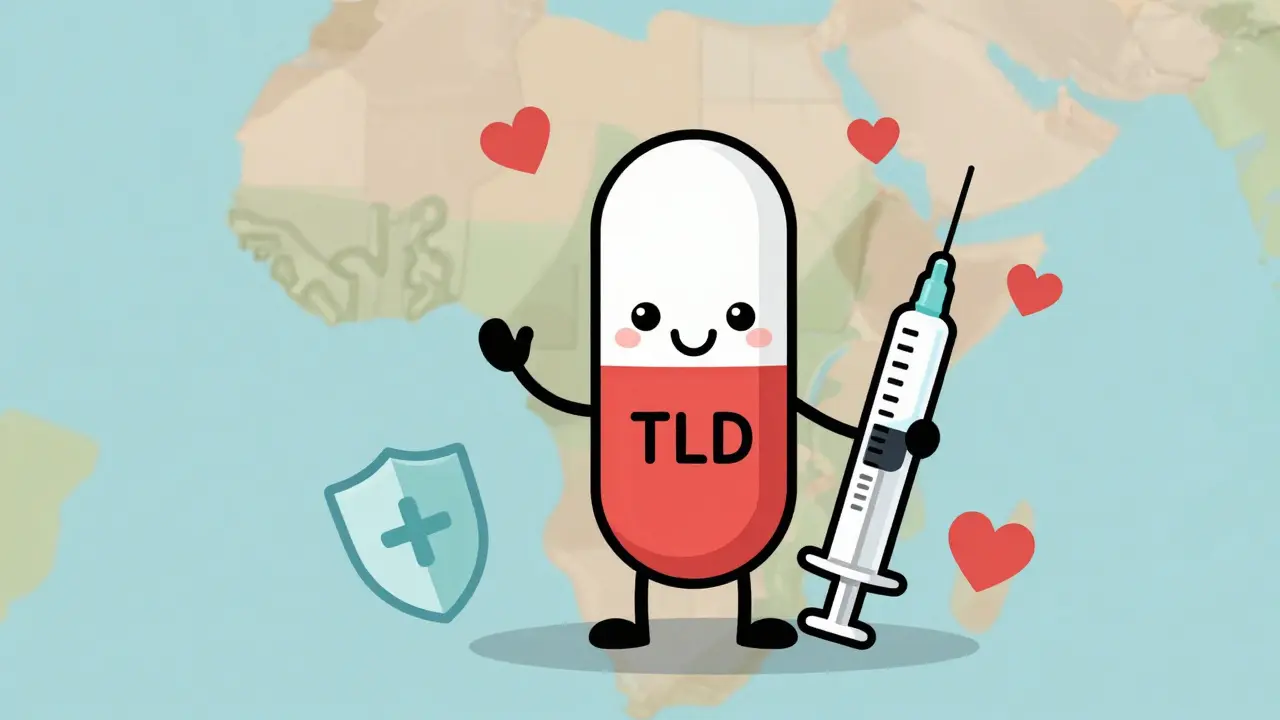 Whimsical cartoon of HIV pills and injections protecting a map of Africa.