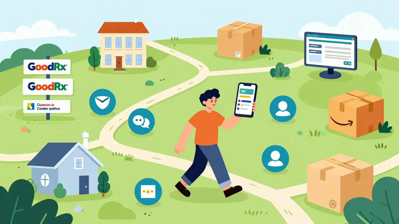 Whimsical map showing paths to affordable online pharmacy options like coupons and telehealth.