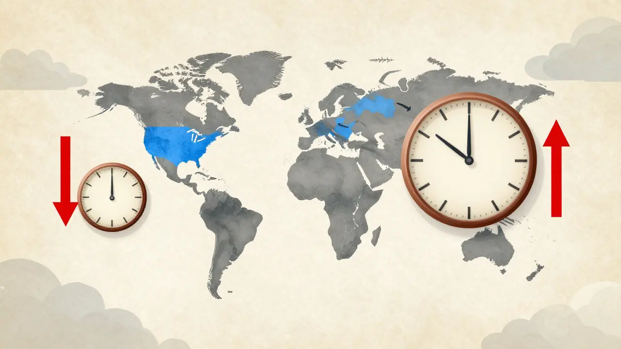 Conceptual map showing eastbound and westbound time zone effects on insulin.