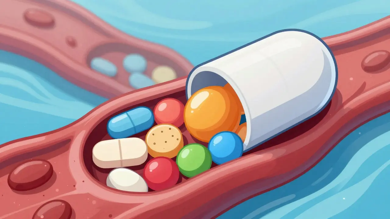 Cross-section of pill showing inactive ingredients in bloodstream