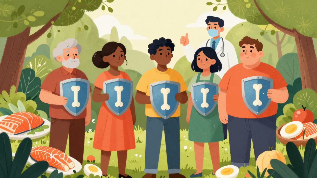 Diverse group holding shields with food in a sunny garden, storybook illustration