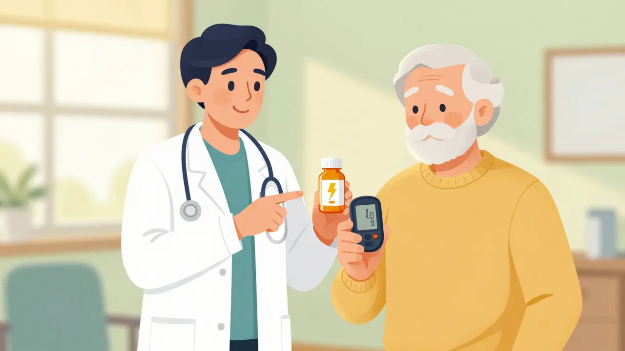 Elderly patient consulting doctor about safer diabetes medication options