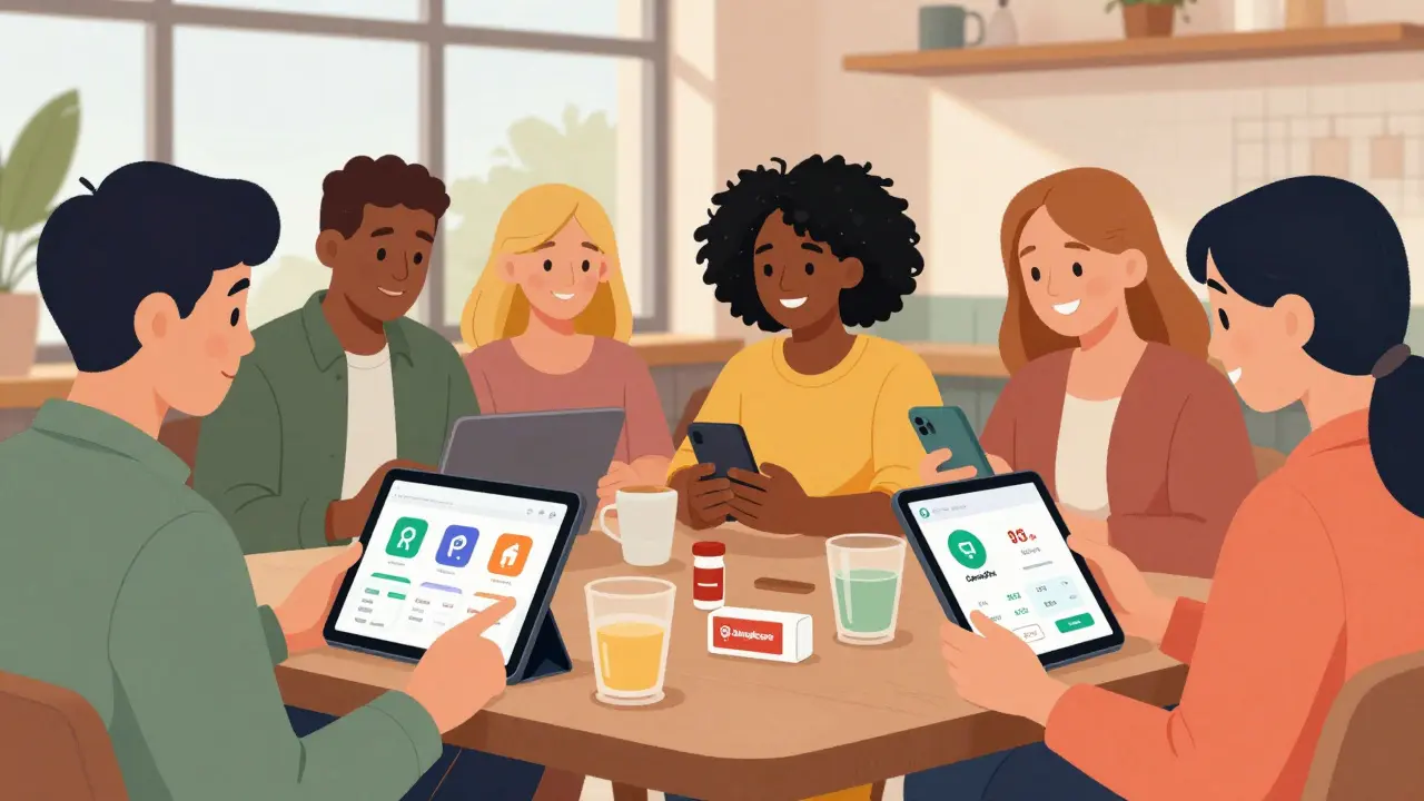 Happy people using apps to find cheap prescription discounts on their devices