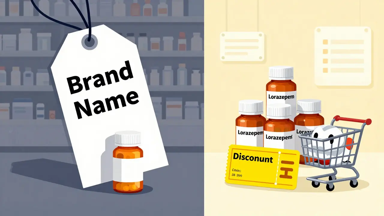 Illustration comparing high brand name drug costs with affordable generic options