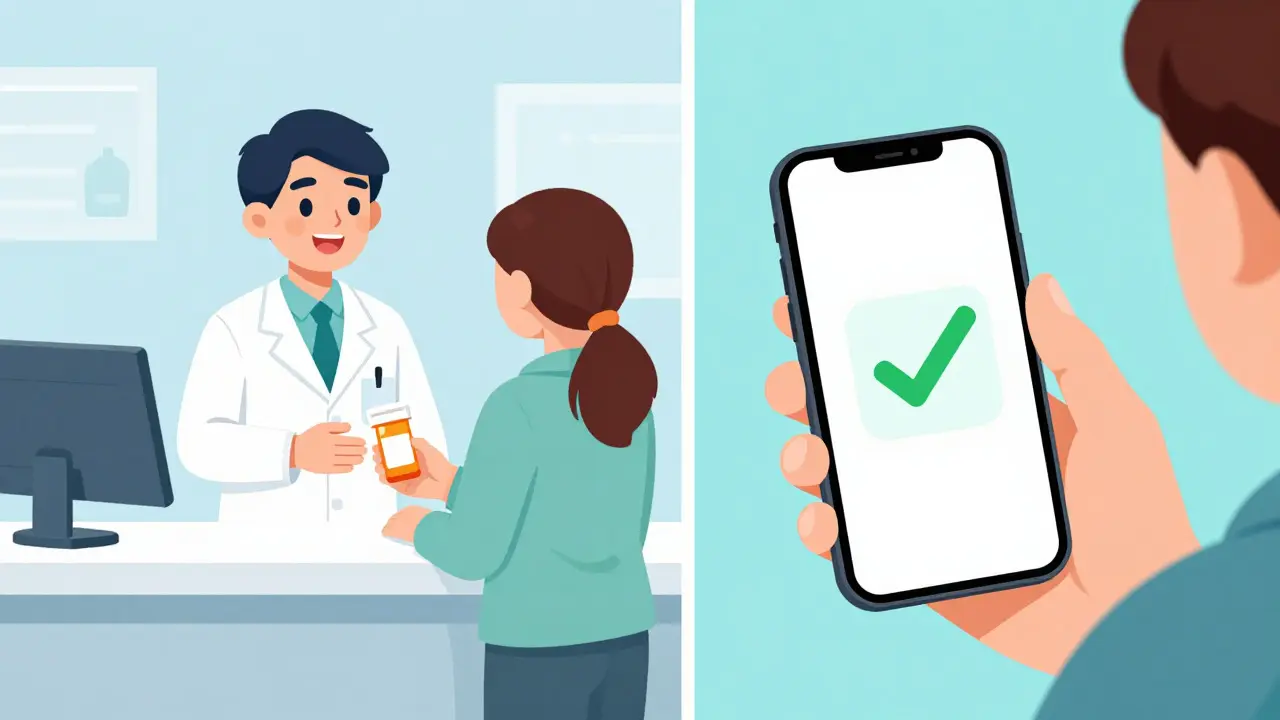 Illustration of safe pharmacy pickup and verified telemedicine consultation