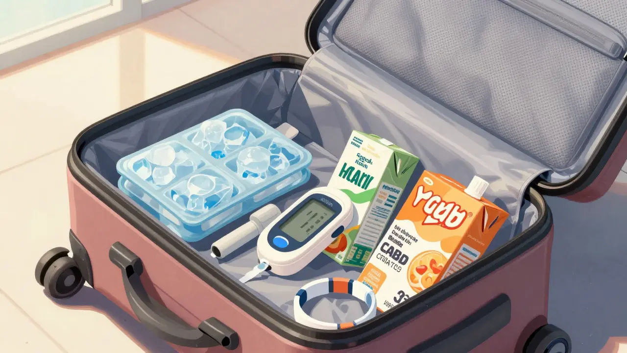 Open carry-on bag with insulated cooler, CGM sensor, and emergency snacks.