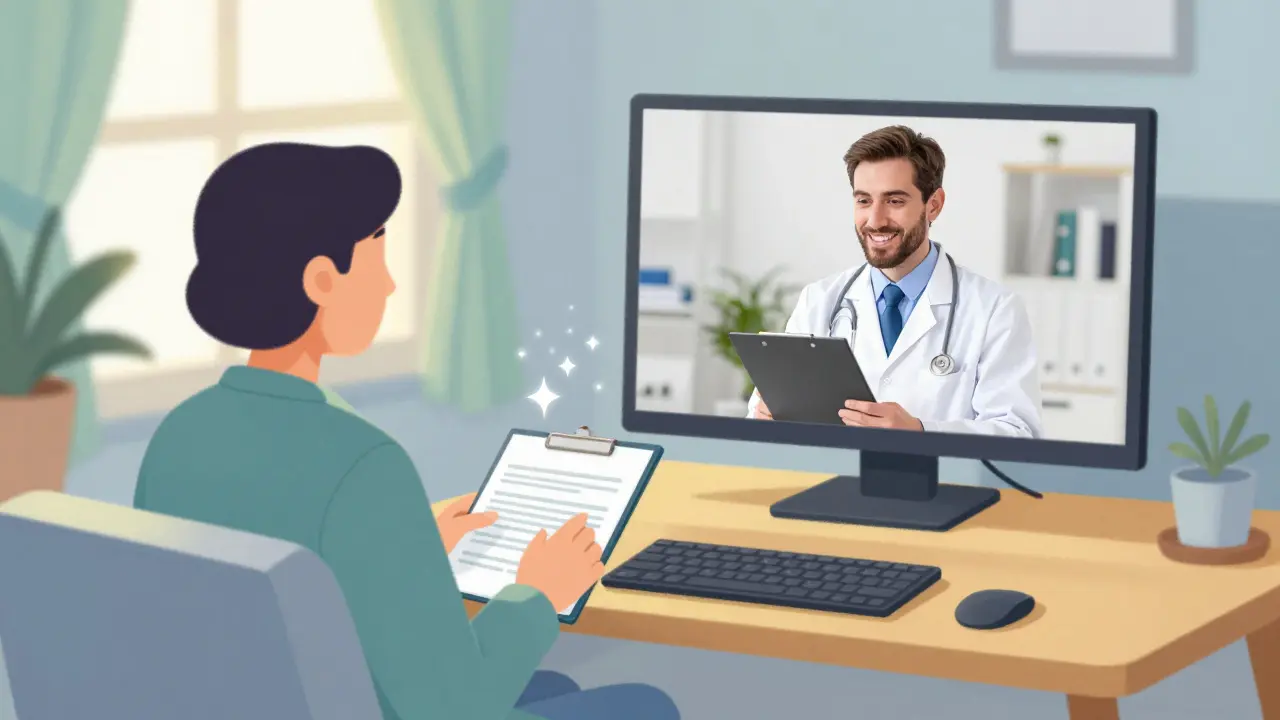 Patient consulting with a doctor via video call for a safe telehealth prescription