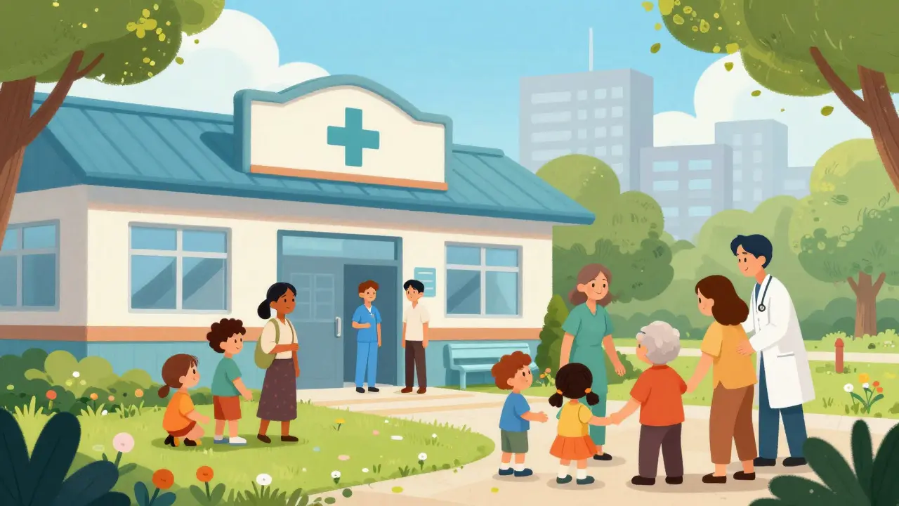 Patients receiving care at sunny community health hub outdoors