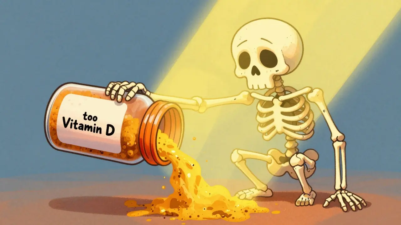Skeleton overwhelmed by giant pill bottle and intense light beam in cartoon style