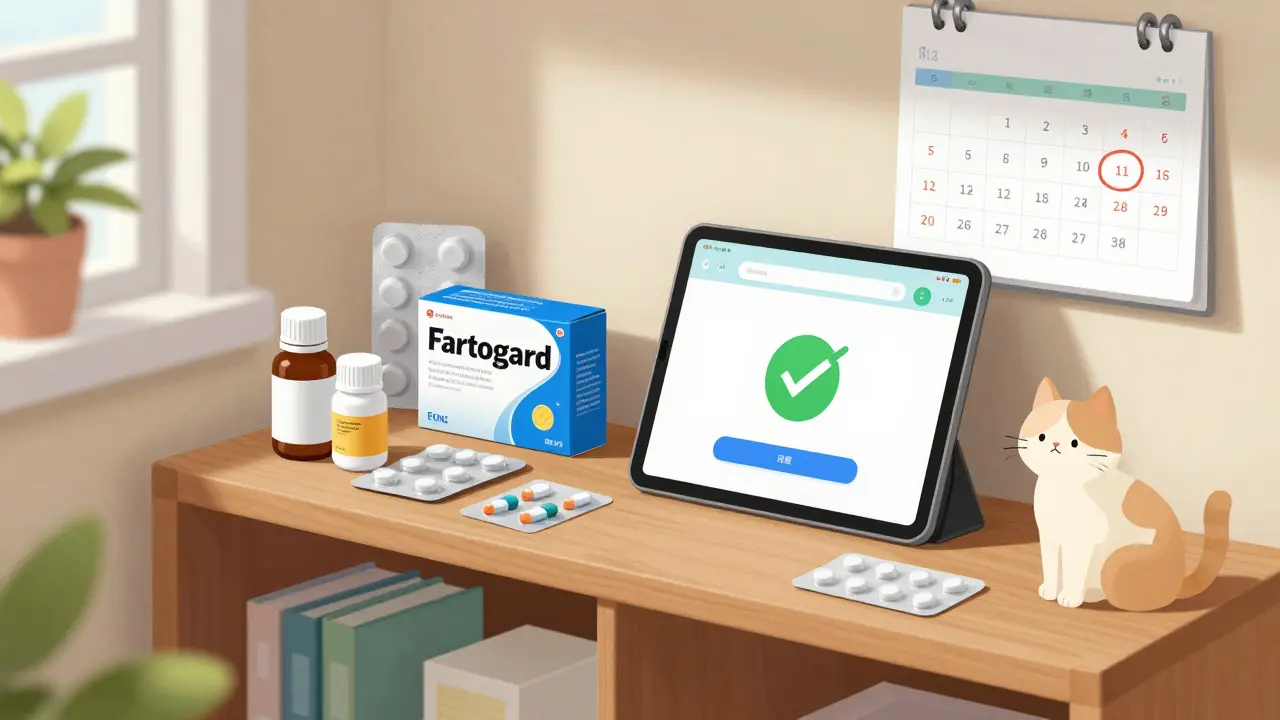 A home shelf with medication and a tablet showing a secure purchase, representing safe buying steps