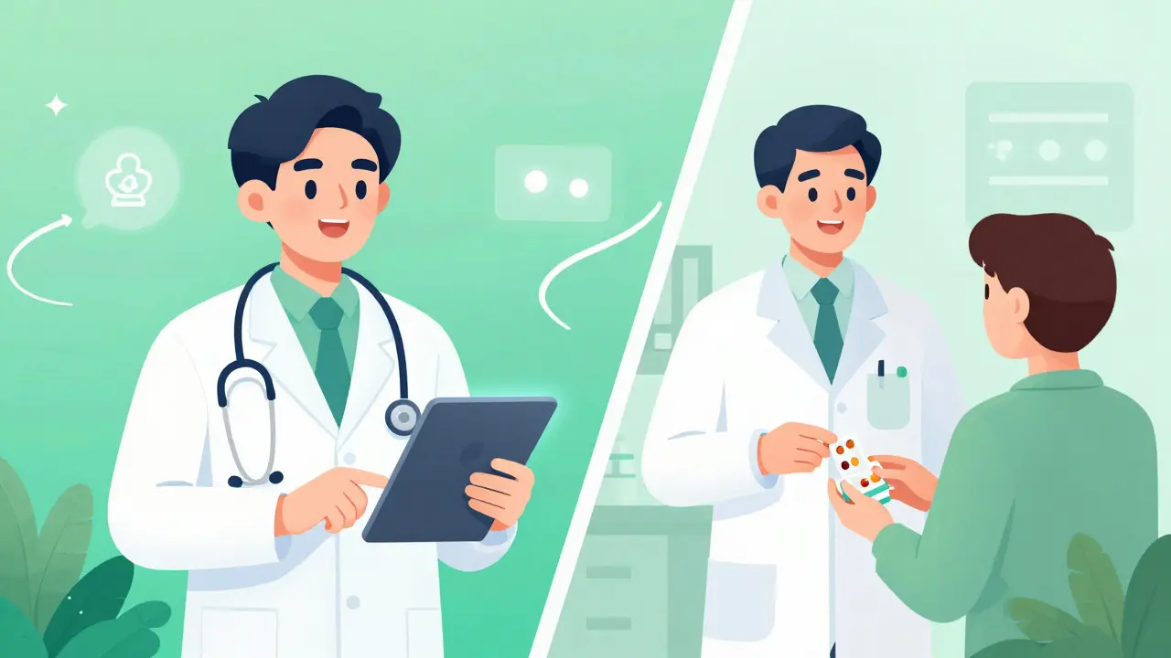 Cartoon doctor on tablet and pharmacist handing over medicine box