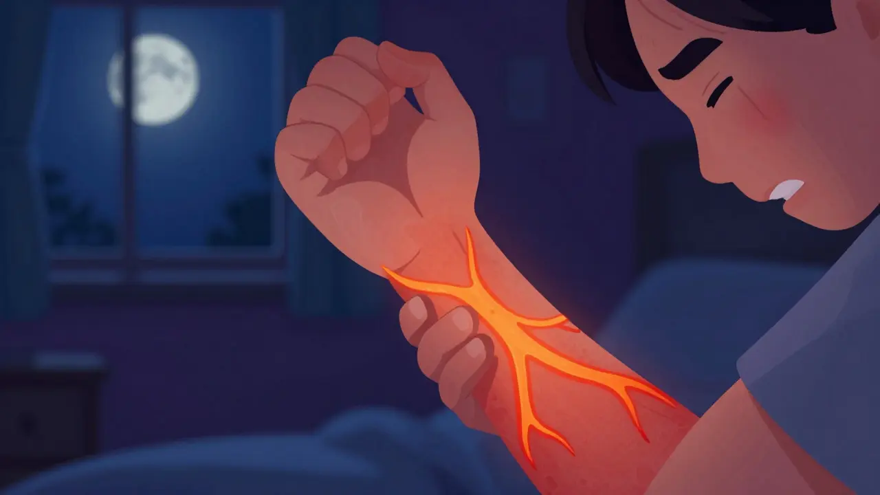 Cartoon of a person scratching an itchy arm at night with glowing inflammation